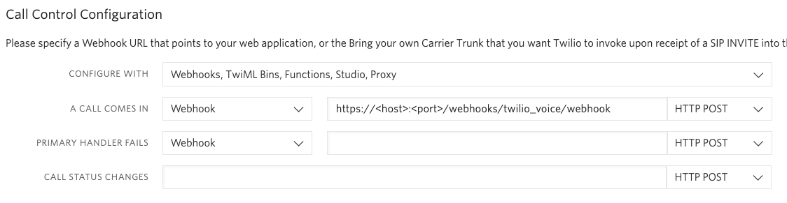 Screenshot of Twilio Console to Set Webhook